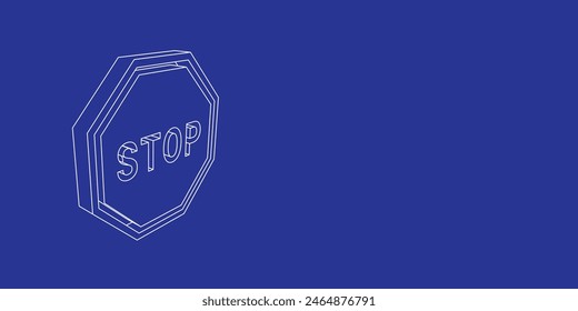 The outline of a large stop road sign made of white lines on the left. 3D view of the object in perspective. Vector illustration on indigo background
