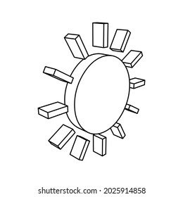 The outline of a large sun is made with black lines. 3D view of the object in perspective. Vector illustration on white background