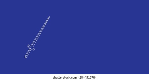 El contorno de un gran símbolo de espada hecho de líneas blancas a la izquierda. Vista 3D del objeto en perspectiva. Ilustración vectorial en el fondo índigo
