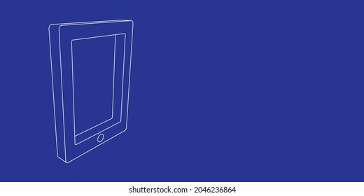 El contorno de un símbolo de comprimido grande hecho de líneas blancas a la izquierda. Vista 3D del objeto en perspectiva. Ilustración vectorial en el fondo índigo