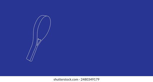 The outline of a large tennis racket symbol made of white lines on the left. 3D view of the object in perspective. Vector illustration on indigo background