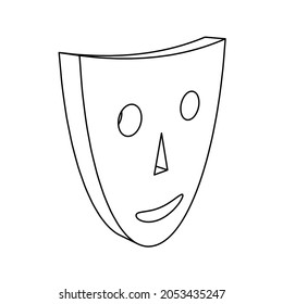 The outline of a large theatrical mask is made with black lines. 3D view of the object in perspective. Vector illustration on white background