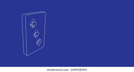 The outline of a large Three of Clubs playing card made of white lines on the left. 3D view of the object in perspective. Vector illustration on indigo background