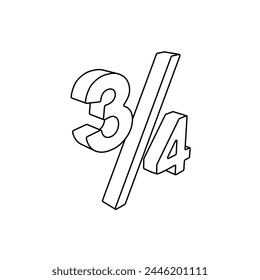The outline of a large three quarters symbol is made with black lines. 3D view of the object in perspective. Vector illustration on white background