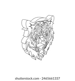 The outline of a large tiger head symbol is made with black lines. 3D view of the object in perspective. Vector illustration on white background