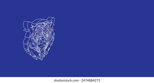 The outline of a large tiger head symbol made of white lines on the left. 3D view of the object in perspective. Vector illustration on indigo background