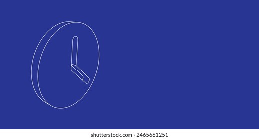 El contorno de un Grande símbolo de tiempo hecho de líneas blancas a la izquierda. Vista 3D del objeto en perspectiva. Ilustración vectorial sobre fondo índigo