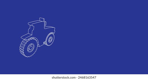The outline of a large tractor icon made of white lines on the left. 3D view of the object in perspective. Vector illustration on indigo background