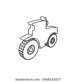 The outline of a large tractor icon is made with black lines. 3D view of the object in perspective. Vector illustration on white background