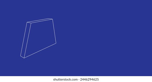 The outline of a large trapezoid symbol made of white lines on the left. 3D view of the object in perspective. Vector illustration on indigo background