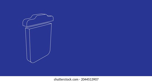 The outline of a large trash symbol made of white lines on the left. 3D view of the object in perspective. Vector illustration on indigo background
