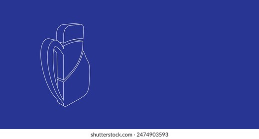 The outline of a large travel backpack symbol made of white lines on the left. 3D view of the object in perspective. Vector illustration on indigo background