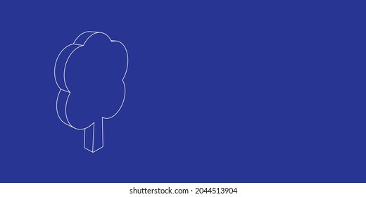 The outline of a large tree symbol made of white lines on the left. 3D view of the object in perspective. Vector illustration on indigo background