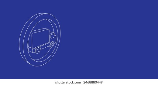 The outline of a large truck traffic sign made of white lines on the left. 3D view of the object in perspective. Vector illustration on indigo background