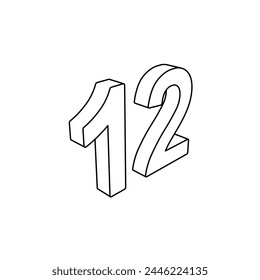 The outline of a large twelve number is made with black lines. 3D view of the object in perspective. Vector illustration on white background