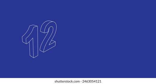 The outline of a large twelve number made of white lines on the left. 3D view of the object in perspective. Vector illustration on indigo background