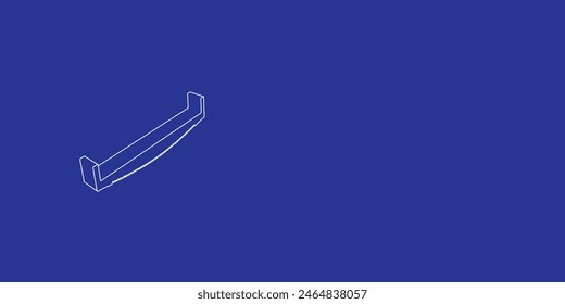 Der Umriss einer großen Zweihandsäge aus weißen Linien links. 3D-Ansicht des Objekts in Perspektive. Vektorillustration auf Indigo-Hintergrund