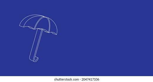 The outline of a large umbrella symbol made of white lines on the left. 3D view of the object in perspective. Vector illustration on indigo background
