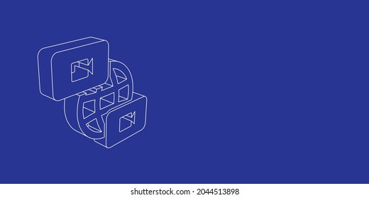 The outline of a large videoconference symbol made of white lines on the left. 3D view of the object in perspective. Vector illustration on indigo background