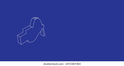 The outline of a large vise symbol made of white lines on the left. 3D view of the object in perspective. Vector illustration on indigo background