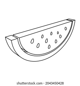 The outline of a large watermelon piece symbol is made with black lines. 3D view of the object in perspective. Vector illustration on white background