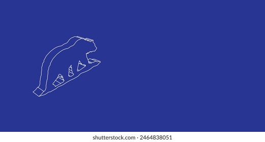 The outline of a large wild bear symbol made of white lines on the left. 3D view of the object in perspective. Vector illustration on indigo background