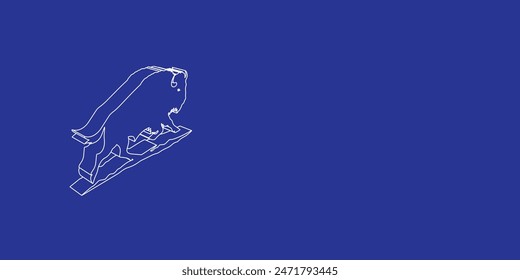 The outline of a large wild buffalo made of white lines on the left. 3D view of the object in perspective. Vector illustration on indigo background