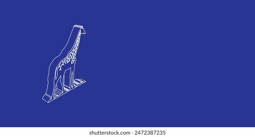 The outline of a large wild giraffe symbol made of white lines on the left. 3D view of the object in perspective. Vector illustration on indigo background