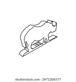 The outline of a large wild rhino symbol is made with black lines. 3D view of the object in perspective. Vector illustration on white background