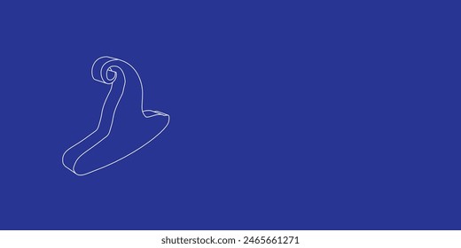 The outline of a large witch hat symbol made of white lines on the left. 3D view of the object in perspective. Vector illustration on indigo background