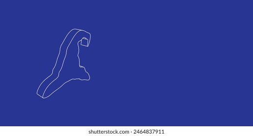 The outline of a large wizard hat symbol made of white lines on the left. 3D view of the object in perspective. Vector illustration on indigo background