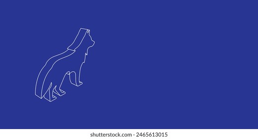 The outline of a large wolf symbol made of white lines on the left. 3D view of the object in perspective. Vector illustration on indigo background