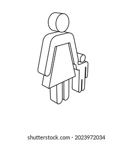 The outline of a large woman with child symbol is made with black lines. 3D view of the object in perspective. Vector illustration on white background