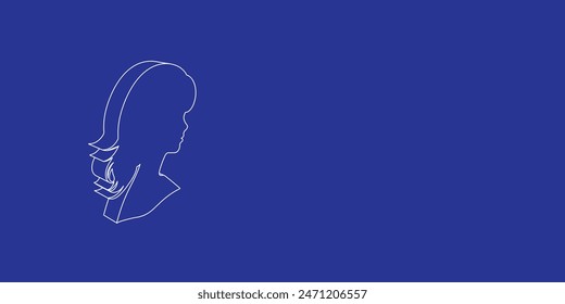 The outline of a large woman face profile symbol made of white lines on the left. 3D view of the object in perspective. Vector illustration on indigo background