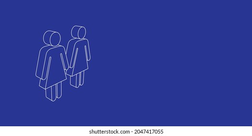 The outline of a large woman with woman symbol made of white lines on the left. 3D view of the object in perspective. Vector illustration on indigo background