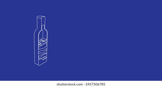 The outline of a large the world in a bottle symbol made of white lines on the left. 3D view of the object in perspective. Vector illustration on indigo background