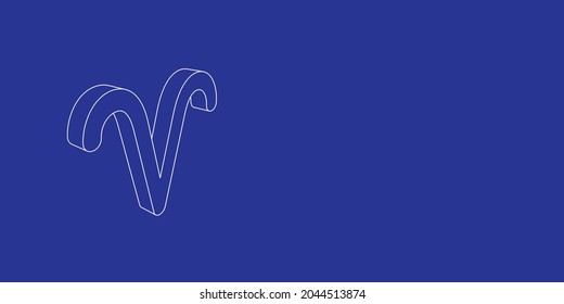 The outline of a large zodiac aries symbol made of white lines on the left. 3D view of the object in perspective. Vector illustration on indigo background