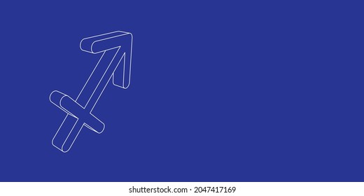 The outline of a large zodiac sagittarius symbol made of white lines on the left. 3D view of the object in perspective. Vector illustration on indigo background
