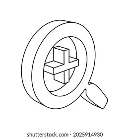 The outline of a large zoom in symbol is made with black lines. 3D view of the object in perspective. Vector illustration on white background
