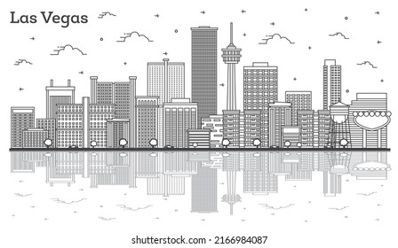 Outline Las Vegas Nevada City Skyline with Modern Buildings and Reflections Isolated on White. Vector Illustration. Las Vegas USA Cityscape with Landmarks.