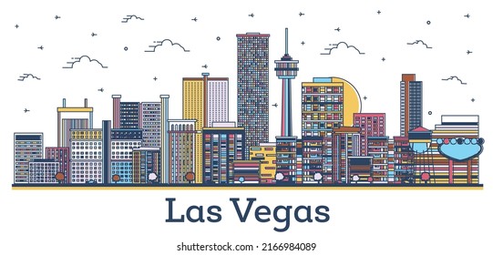 Outline Las Vegas Nevada City Skyline with Modern Colored Buildings Isolated on White. Vector Illustration. Las Vegas USA Cityscape with Landmarks.