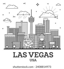 Outline Las Vegas Nevada City Skyline with Modern and Historic Buildings Isolated on White. Vector Illustration. Las Vegas USA Cityscape with Landmarks.