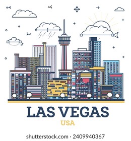 Outline Las Vegas Nevada City Skyline with Colored Modern and Historic Buildings Isolated on White. Vector Illustration. Las Vegas USA Cityscape with Landmarks.