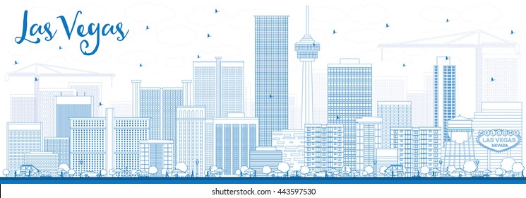 Skyline von Las Vegas mit blauen Gebäuden umreißen. Vektorgrafik. Business Travel and Tourism Konzept mit modernen Gebäuden. Bild für Präsentationsbanner-Platzierung und Website.