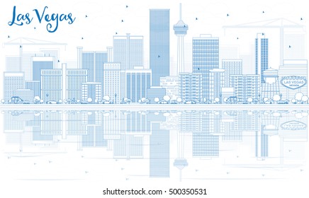 Skyline von Las Vegas mit blauen Gebäuden und Spiegelungen. Vektorgrafik. Business Travel and Tourism Konzept mit moderner Architektur. Bild für Präsentationsbanner-Platzierung und Website.