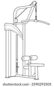 Outline Lat Pull-down Machine. Fitness, cardio, and muscle building machines, equipments set at gym. Workout and training concept. Vector illustration.
