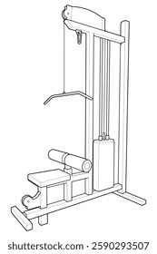 Outline Lat Pull-down Machine. Fitness, cardio, and muscle building machines, equipments set at gym. Workout and training concept. Vector illustration.
