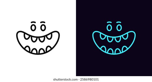 Outline laugh mouth icon, with editable stroke. Cartoon monster face with laughing mouth, haha expression. Laughter emoticon, crazy smile, funny joke, comic emoji, monster giggle. Vector icon