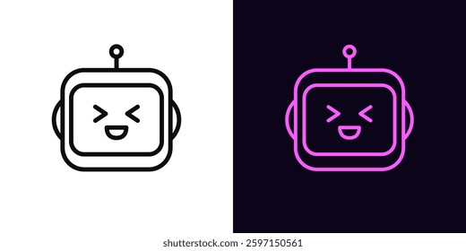 Outline laughing robot icon, with editable stroke. Chat bot with laugh face. Friendly virtual assistant with emotion, cute bot emoji with AI algorithms, chatbot technology, digital helper. Vector icon