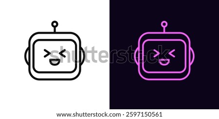 Outline laughing robot icon, with editable stroke. Chat bot with laugh face. Friendly virtual assistant with emotion, cute bot emoji with AI algorithms, chatbot technology, digital helper. Vector icon